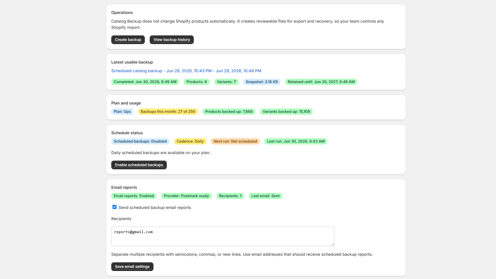 GrowthLine Catalog Backup dashboard showing backup usage, scheduled backup status, and recent backup activity.